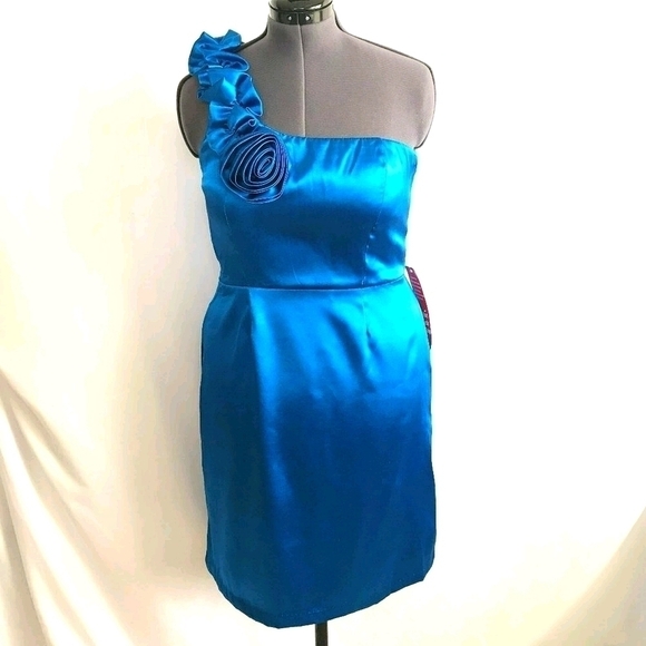 Royal Blue Satin Dress- Ruffle Detail On Shoulder - Picture 1 of 7